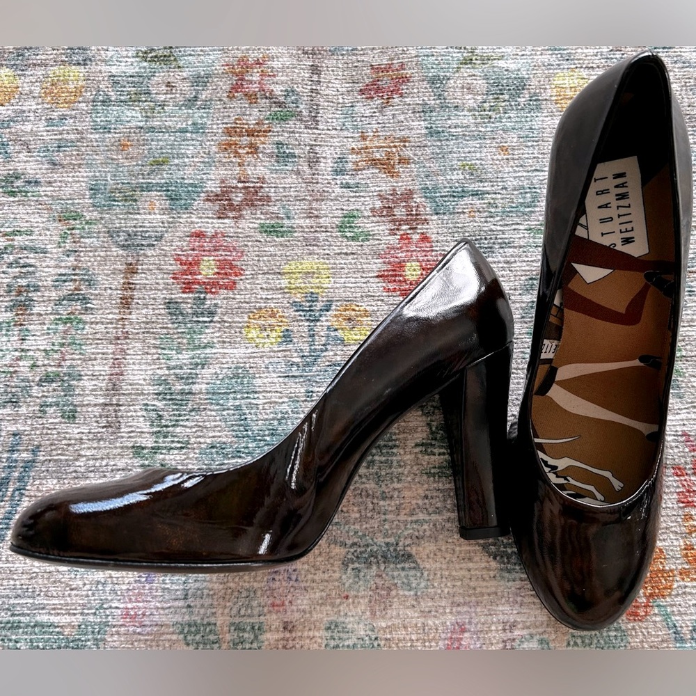 Stuart Weitzman Honor Roll Brown Patent Leather High Heel Pumps